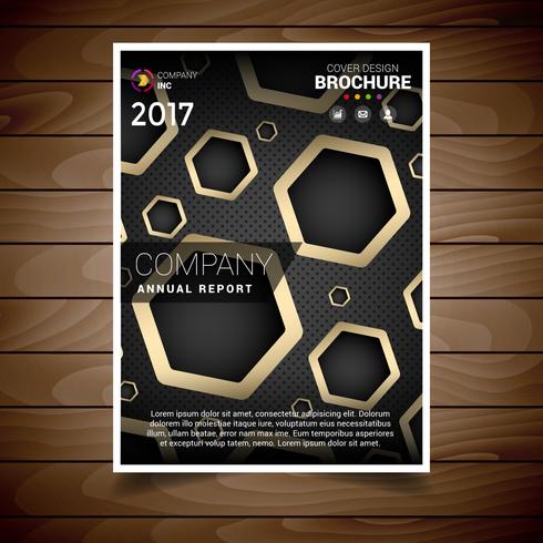 Plantilla de diseño de folleto de agujero hexagonal oscuro y oro vector