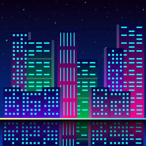 Ciudad futurista, en, luces de neón, estilo retro, 80s vector