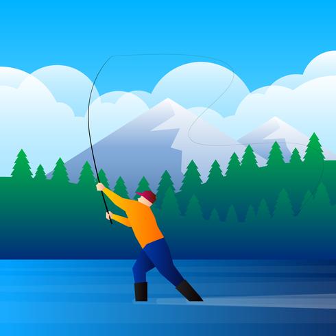 Fly Fishing In Mountain Stream Illustration vector