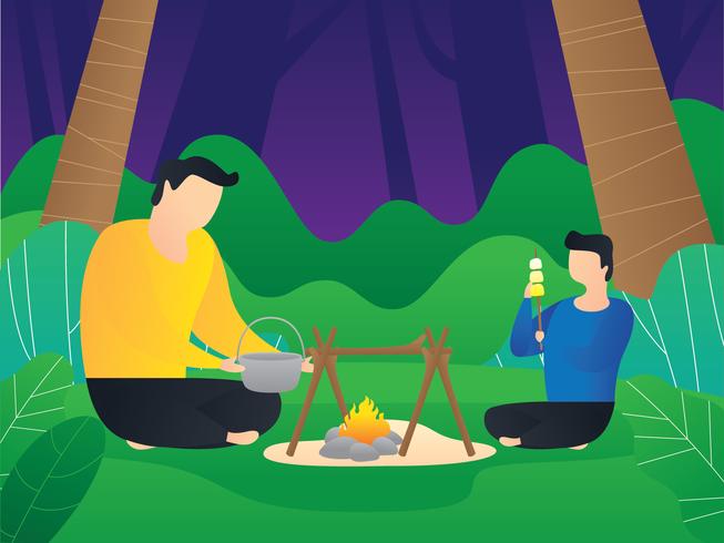 Padre e hijo acampando en el bosque vector