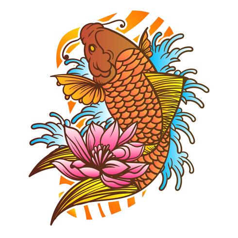 Traditional Japanese Koi Fish Tattoo With Wave and Flower Background Vector Illustration