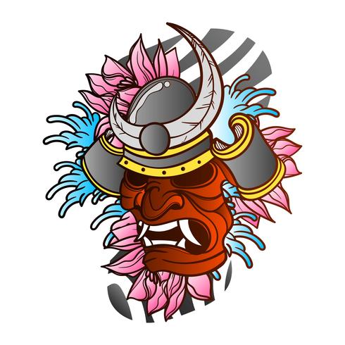 Traditional Japanese Old Samurai Warrior Tattoo With Wave and Flower Background Vector Illustration