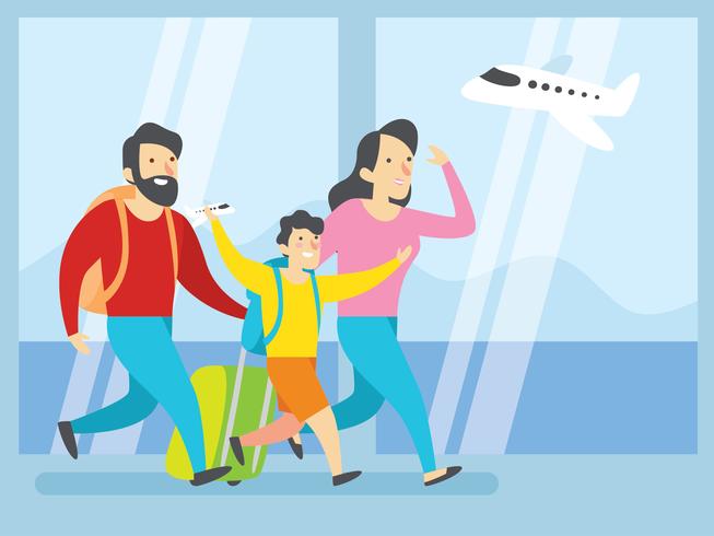 Happy Family Walking In Airport vector