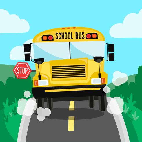 School bUS Scene In Road And Nature Background vector