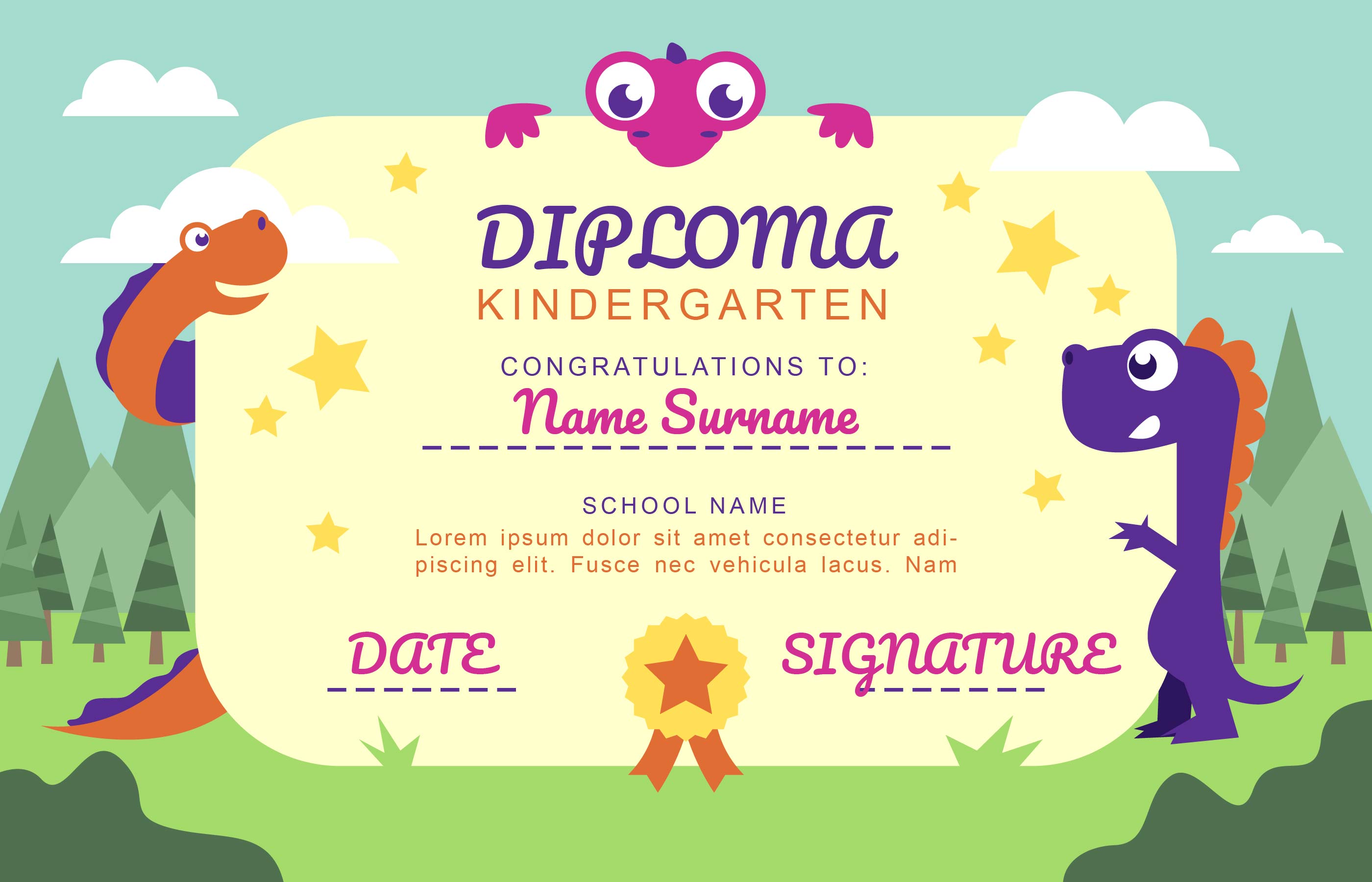 kindergarten diploma cartoon dinosaurs fun template vector
