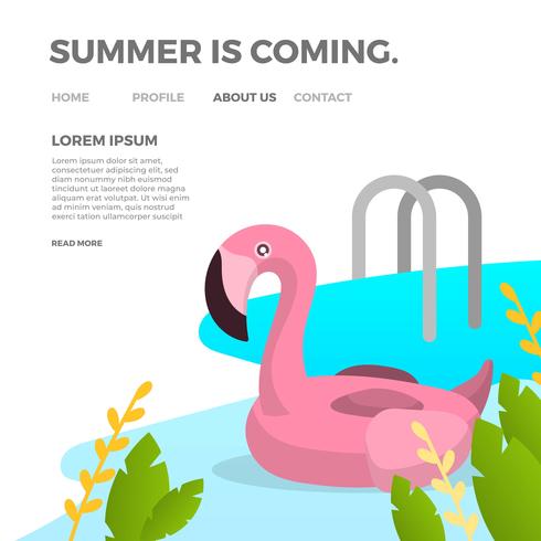 Flat Summer Flamingo Pool Inflatables With Gradient pool and Plants Background Vector Illustration