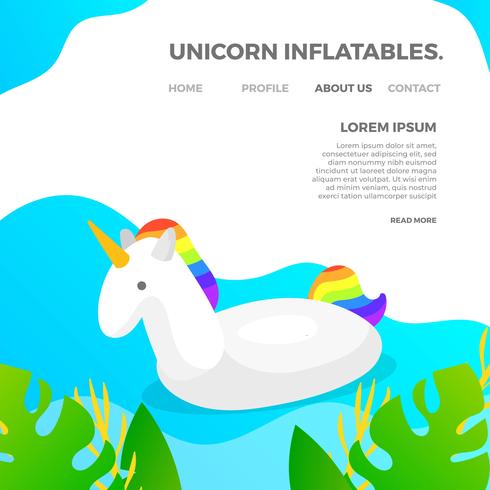 Inflables planos de la piscina del unicornio del verano con la piscina del gradiente y la ilustración del vector del fondo de las plantas