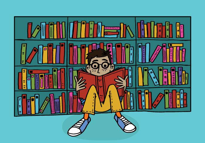 niño leyendo en una biblioteca vector