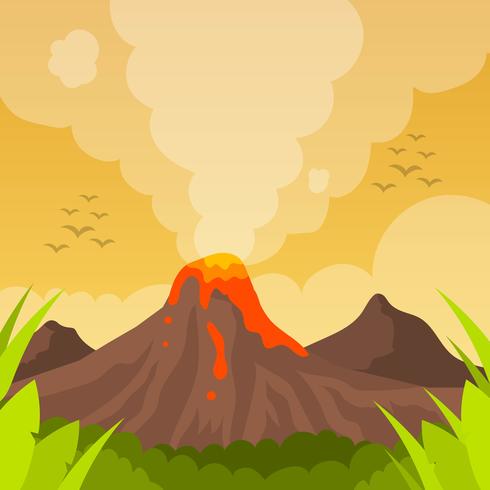 Erupción de volcán plana con cielo naranja Ilustración de fondo de vector