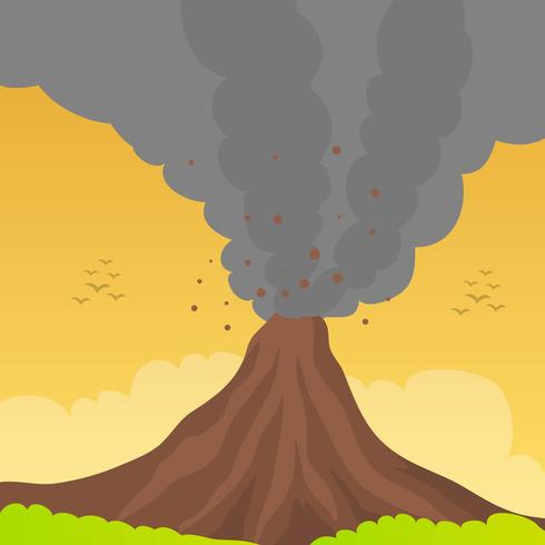 Erupción de volcán plana con cielo naranja Ilustración de fondo de vector