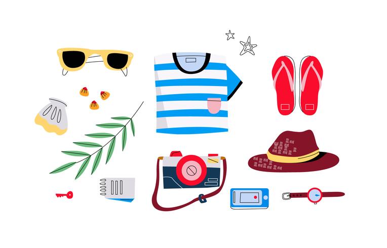 Hombre de playa con accesorios Knolling Starter Pack Vector Illustration