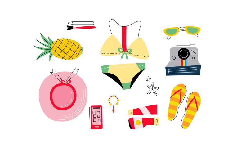 Mujer de playa con accesorios Knolling Starter Pack Vector Illustration