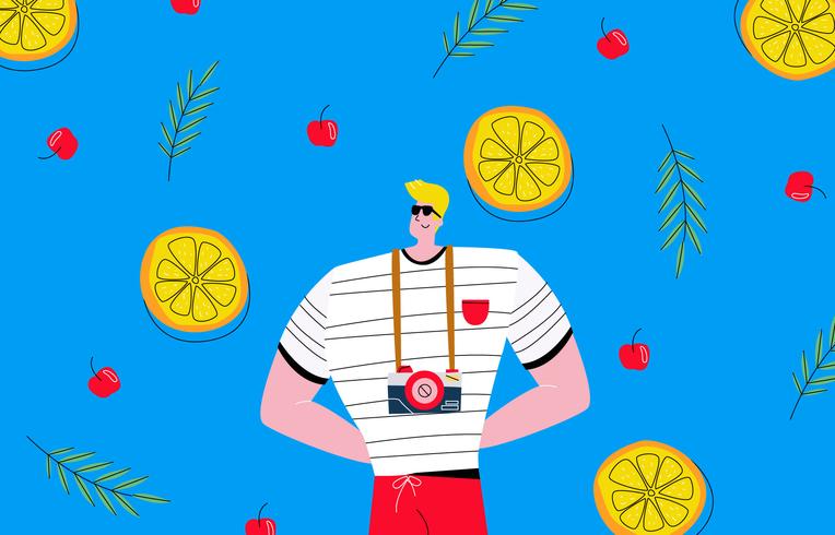 hombre fresco con la ilustración de vector de fondo de playa de verano