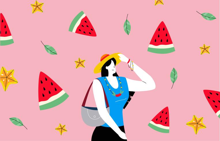 Hot Woman With Summer Beach Background Vector Illustration