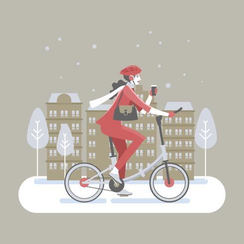 Beautiful Girl is Riding the Folding Bike with Cup of Coffee go to Office vector