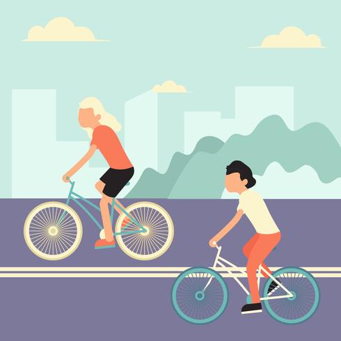 Riding Bike In The Town Vector Illustration