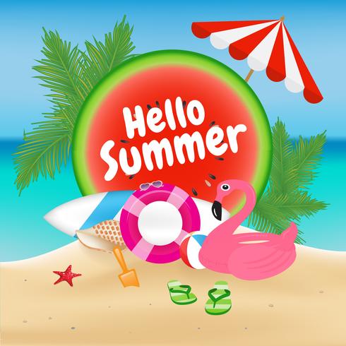 Hola temporada de verano de fondo y diseño de objetos con flamingo. vector