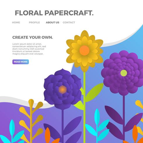 Papercraft floral realista 3d con la ilustración del vector del fondo azul púrpura del gradiente