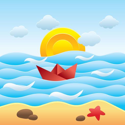 Beach Papercraft With Paperboat Vector