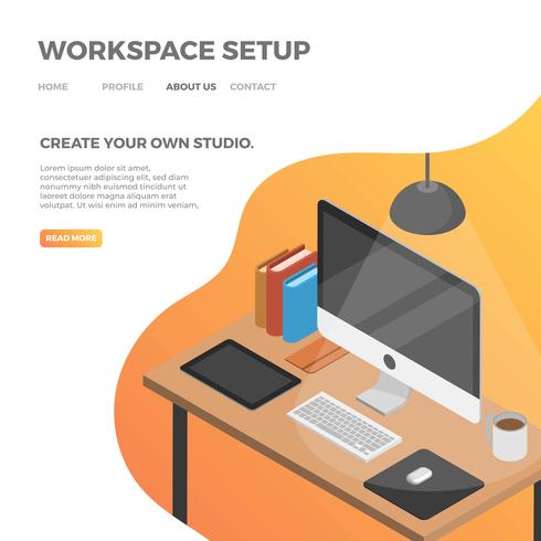 Flat Isometric Workspace Setup With Orange Gradient Background Vector Illustration