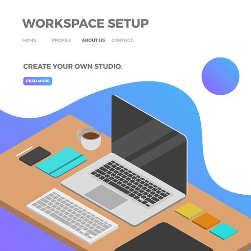 Configuración de espacio de trabajo plano isométrico con ilustración de Vector de fondo azul degradado