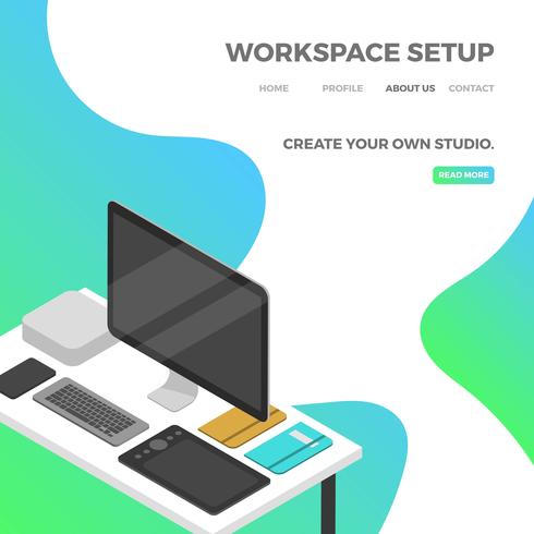 Configuración de espacio de trabajo plano isométrico con ilustración de Vector de fondo degradado verde