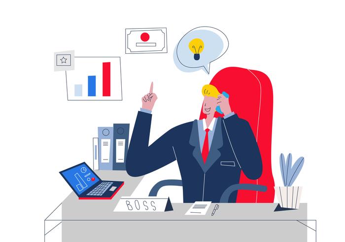 Handsome Boss Manage Company At Office Desk Vector Illustration