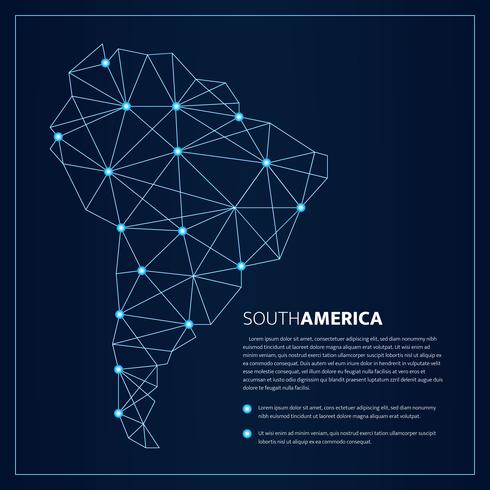 Mapa poligonal de América del sur de líneas azules con la ilustración del vector de puntos brillantes