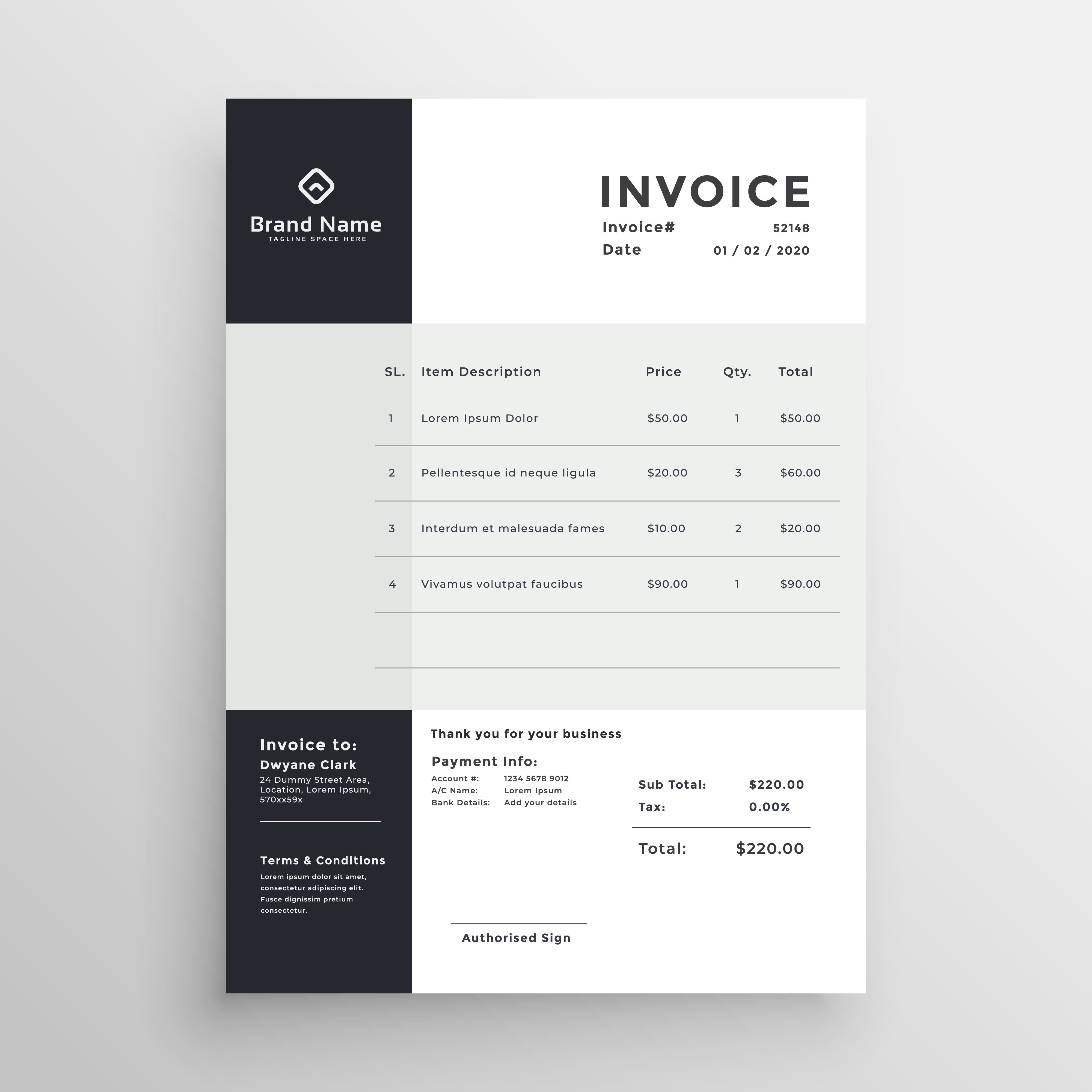 modern minimal clean style invoice template design Download Free