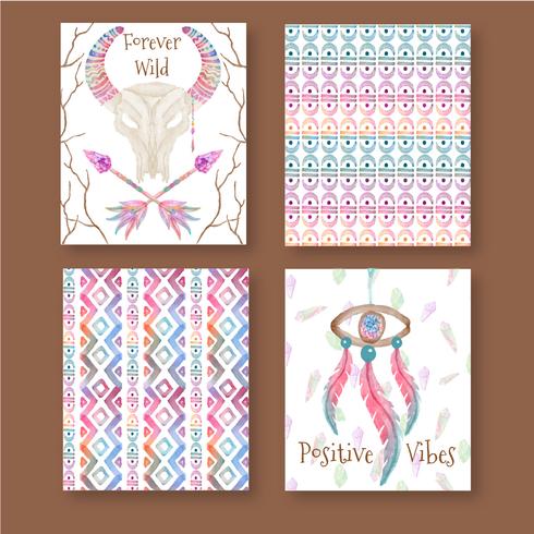 Cute Watercolor Boho Cards Set vector