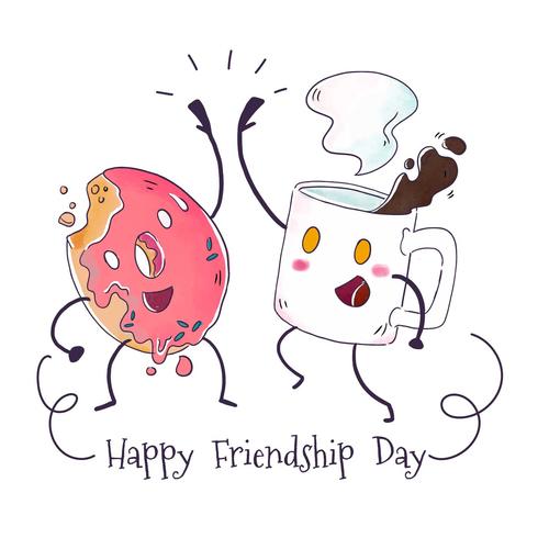 Cute Coffee Mug And Donut Character Playing To Friendship Day vector