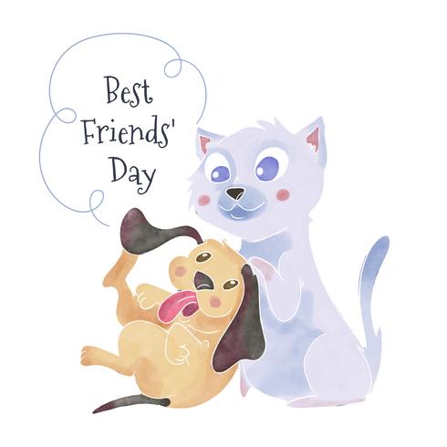 Cute Cat And Dog Playing Around To Friendship Day vector