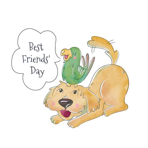 Cute Dog And Green Parrot With Speech Bubble To Friendship vector