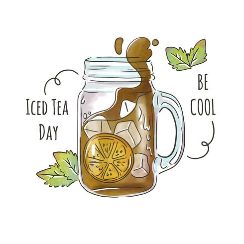 Cute Iced Tea In Modern Glass With Leaves And Ornaments vector