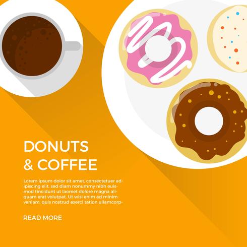 Donuts planos y café con larga sombra Ilustración de Vector de fondo naranja