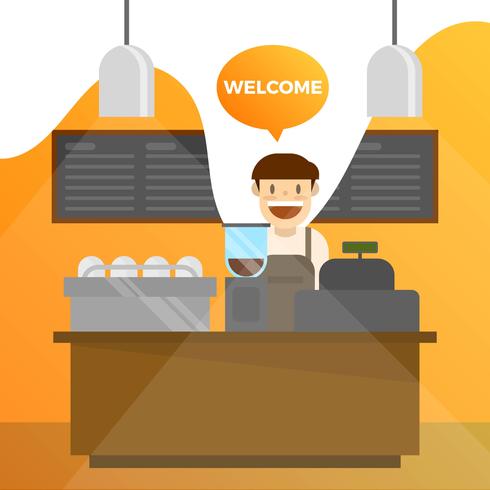 Juego de barista y café plano con ilustración de Vector de fondo degradado naranja