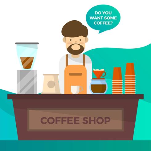 Flat Barista And Coffee Set With Tosca Gradient Background Vector Illustration