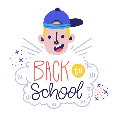 Funny Character Boy Smiling With Hat Ans Hand Lettering About School vector