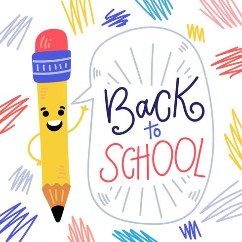 Cute Pencil Character Smiling With Speech Bubble And Hand Lettering About School vector