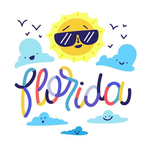 Cute Sun Character With Clouds Smiling And Colorful Lettering About Florida vector