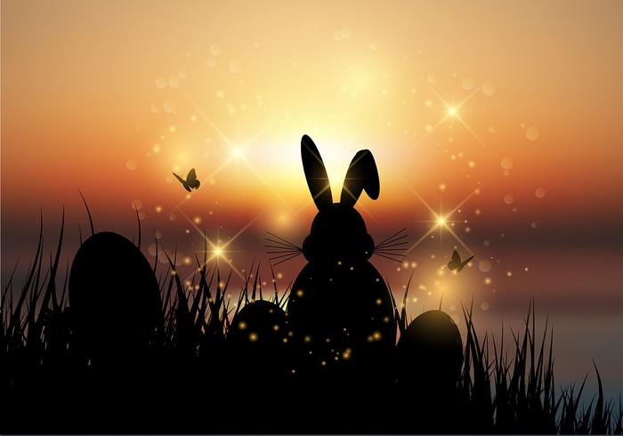 Easter bunny sat in grass against a sunset sky vector