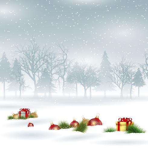 Christmas background with baubles and gifts vector