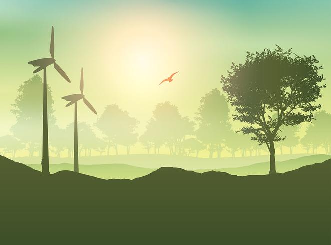 Wind turbines and tree landscape vector