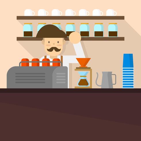 Barista plano en la ilustración de Vector de fondo de cafetería