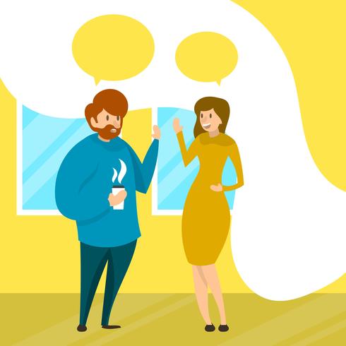 Flat People Talking In Business Team Work With Modern Office Background Vector Illustration