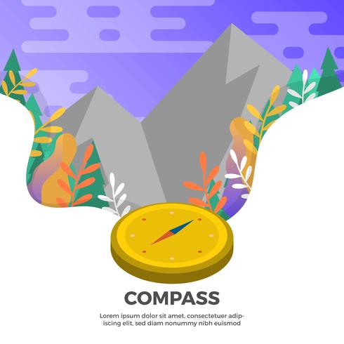 Flat Compass With Landscape Background Vector Illustration