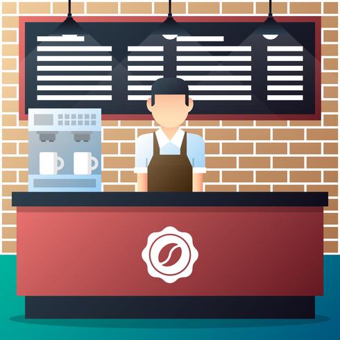 Barista Standing In Front Of The Counter With Coffee Machine In The Coffee Shop Illustration vector