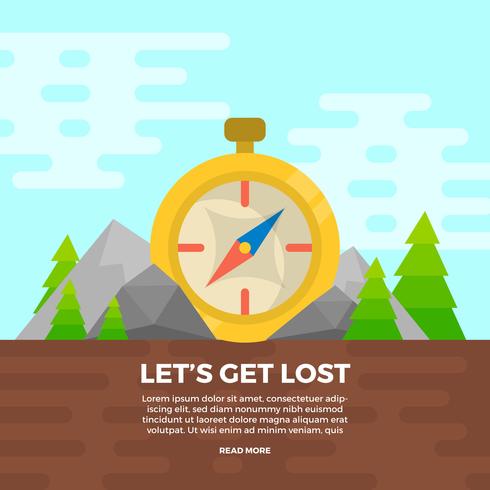 Flat Compass With Landscape Background Vector Illustration