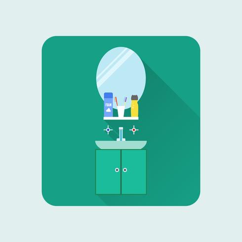 Bathroom interior icon. Washbasin and mirror. Soap, shampoo and toothpaste. Vector