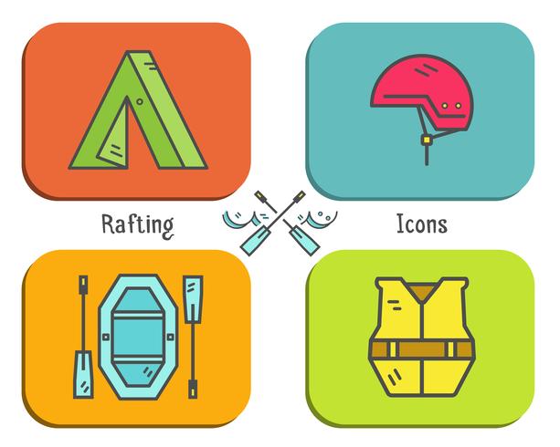 Equipo de rafting icono plana, colección de botones. Estilo al aire libre, diseño de colores brillantes. Elementos con estilo para web, aplicaciones móviles, banners, flyers, carteles, folletos. Vector